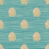 Pink doodle monstera leaves seamless pattern in tropic style. Blue striped bright background. vector