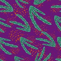 Random seamless doodle pattern with abstract bright green seaweed foliage shapes. Purple background with splashes. vector