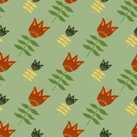 Geometric flower folk art seamless pattern on green background. vector