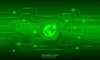 World lock icon in green hexagon with communication icons. vector