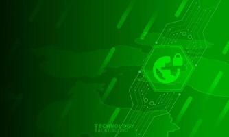 World lock icon in green hexagon with communication icons. vector