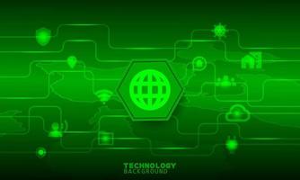 World lock icon in green hexagon with communication icons. vector