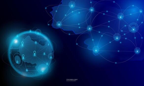 Wireless network communication, internet connection. Futuristic city scape in blue tone with electronics devices, multimedia, technology icons and network connection. vector