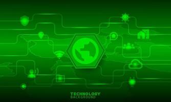 World lock icon in green hexagon with communication icons. vector