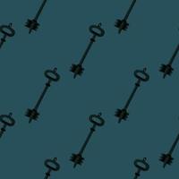 Minimalistic seamless doodle pattern with keys victorian silouettes. Dark turquoise background and black secret ornament. vector