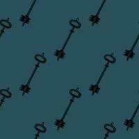 Minimalistic seamless doodle pattern with keys victorian silouettes. Dark turquoise background and black secret ornament. vector