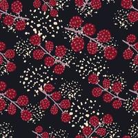 Random seamless fresh food pattern with simple pink colored blackberries. Black background with splashes. vector