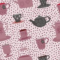Seamless hand drawn pattern with tea ceremony elements. Dotted background. Simple dishes print.