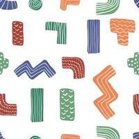 Abstract cute shapes vector seamless pattern on white background. Zig zag, plus, minus, t symbol, line doodle shapes. Kids funny wallpaper.