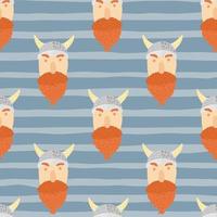 Viking man faces with bright orange beard seamless pattern. Stripped blue background. Norway backdrop. vector