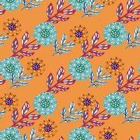 Nature seamless pattern with botanic blue folk flowers elements print. Orange background. Simple style. vector