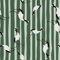 Seamless random doodle pattern with simple crane bird silhouettes ornament. Green and grey striped background. vector