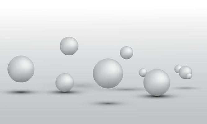 3D illustration of balls of different sizes hanging in space. 3D rendering isolated on white background.