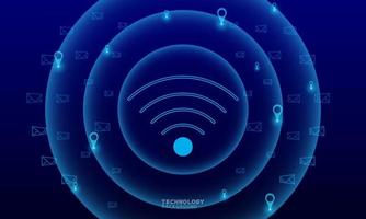comunicación de red inalámbrica, conexión a internet. paisaje urbano futurista en tono azul con dispositivos electrónicos, multimedia, íconos tecnológicos y conexión de red. vector