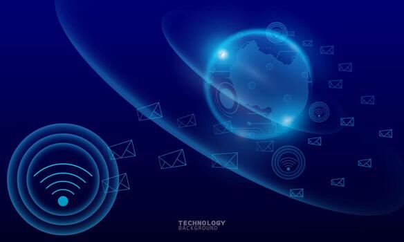 Wireless network communication, internet connection. Futuristic city scape in blue tone with electronics devices, multimedia, technology icons and network connection. vector