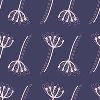 Dandelion flowers seamless botanic pattern. Bright navy blue background with white contoured floral elements. Simple backdrop. vector