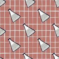 Grey colored cartoon chemical flask elements. Seamless pattern with pale maroon chequered background. vector