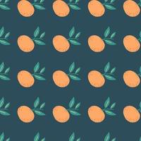 Natural seamless pattern with organic orange mandarin shapes. Navy blue pale background. Hand drawn style. vector