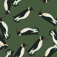 Seamless random pattern with hand drawn penguin random silhouettes. Green olive background. vector