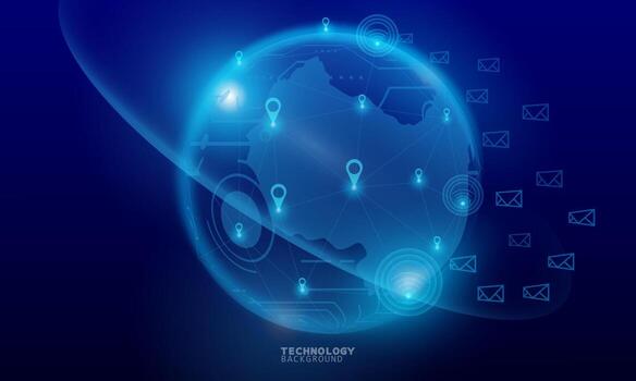 Wireless network communication, internet connection. Futuristic city scape in blue tone with electronics devices, multimedia, technology icons and network connection. vector