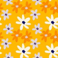 Random seamless doodle pattern with chamomile flowers. Bright floral backdrop with yellow background and orange,blue,white daisies. vector
