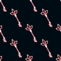 Minimalistic seamless pattern with vintage pink tones key ornament. Simple stylized victorian elements on black background. vector
