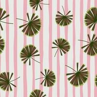 Random green palm licuala ornament seamless pattern. White and pink striped background. vector