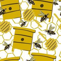 Seamless stylized bee pattern with honey spoons, hives, honeycombs. White background. Farm organic print. vector