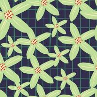 Random green mandarins flower seamless doodle pattern. Navy blue chequered background. Summer style. vector