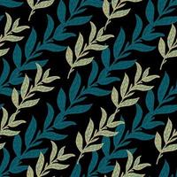 Contrast seamless pattern with blue and grey leaf branches silhouettes. Black background. vector