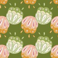 Pink and green colored folk flowers elements seamless pattern. Olive background. Modern botanic backdrop. vector