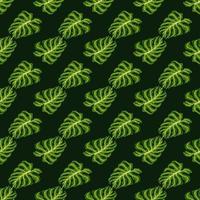 Exotic palm style seamless pattern with doodle little green monstera shapes. Dark background. vector
