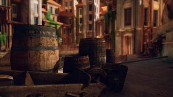 old wooden wine barrels in a sea town port photo