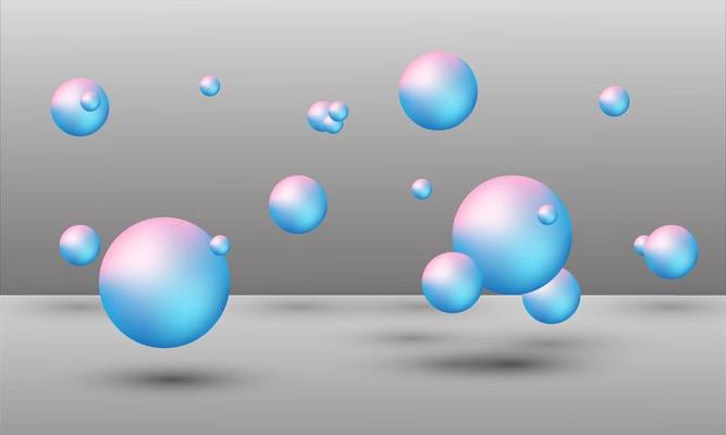 3D illustration of balls of different sizes hanging in space. 3D rendering isolated on white background.