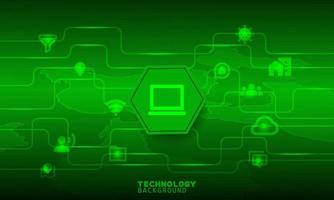 Laptop icon in a green hexagon. Connection and Communication concept. vector