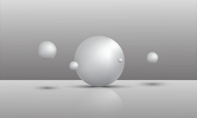 3D illustration of balls of different sizes hanging in space. 3D rendering isolated on white background.