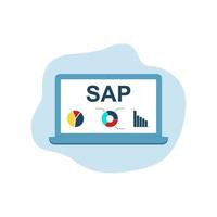 SAP Business process automation software on laptop screen. Different graphic icons. vector