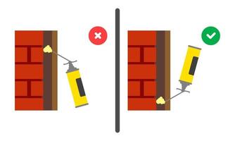 Working with a household cylinder. Polyurethane mounting foam balloon icon. Right and wrong use of mounting tool. Vector