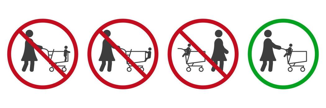 Using shopping trolley with children. Correct and wrong usage of shopping trolley. Rules using of shop cart. Vector