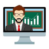 Board with charts and diagrams. Online conference with man. vector