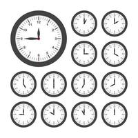 Set of round clocks for every hour. Analog clock with circle shape, time and minutes. Vector