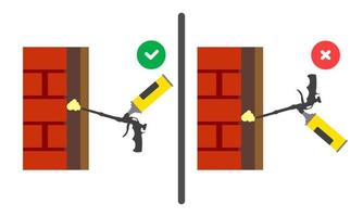 Application of polyurethane foam with a gun. Instructions for use. Right and wrong use of mounting tool. Vector