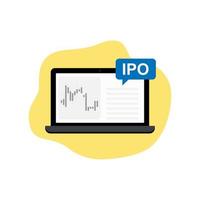 icono de ipo. empresa del mercado de valores de oferta pública inicial. icono de portátil con gráfico de velas sobre fondo naranja vector
