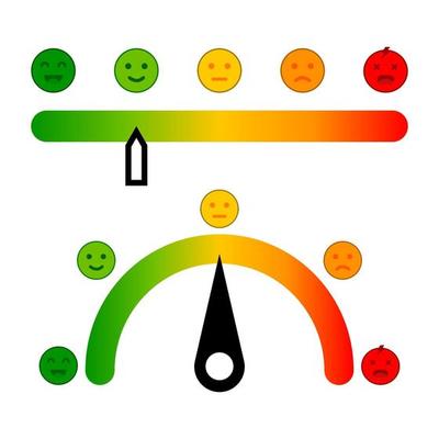 Color scale with arrow. Set scale. Different emotions art design from red to green. Progress bar template.