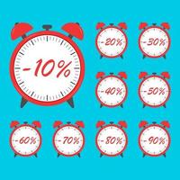 Big sale special offer set. Collection alarm clock wit different discount. Vector