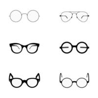 un juego de vasos aislado. gafas de varias formas. gafas de sol, anteojos siluetas negras aisladas en blanco. vector