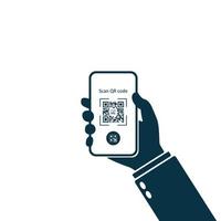 Mobile application for scanning qr code. Hand holding smartphone. Scan qr code icon, phone app, barcode scanner. Vector