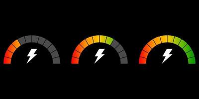 Set of speedometer. Speed icon with lightning on black background. Set indicators, indicating quality, level, rating. vector