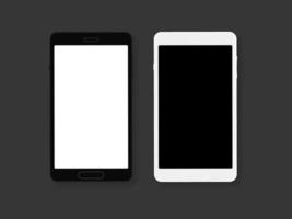 Realistic black and white smartphone on dark grey background. 3d mockup mobile phone with shadow. Vector