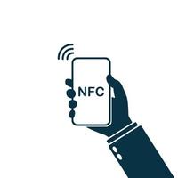 pago nfc con teléfono móvil, icono de teléfono inteligente. símbolo de pago inalámbrico. vector